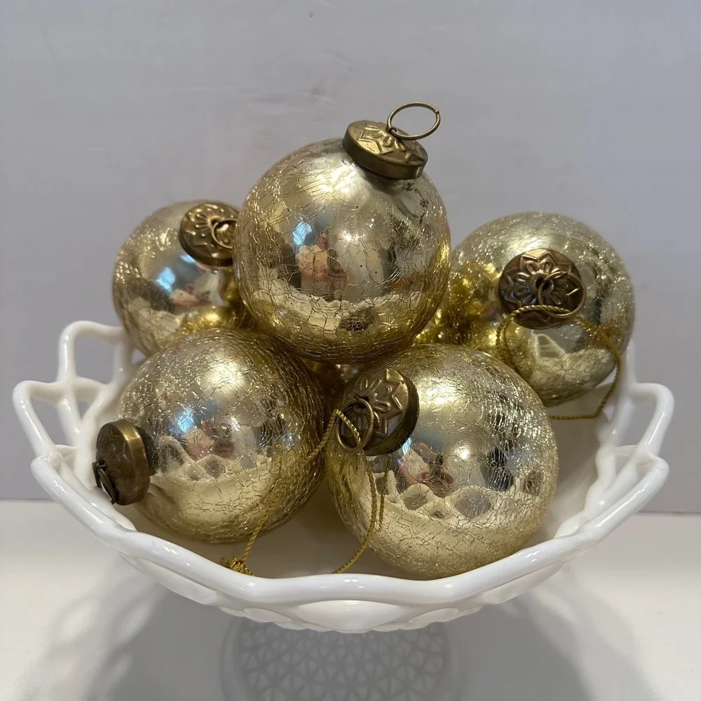 Restoration Hardware Gold Crackle Glass Ball Christmas Ornaments Set of‎ 6 3.5in